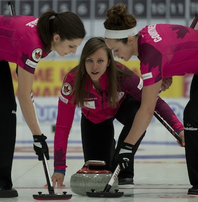 Skip Rachel Homan, centre, with teammates Lisa Weagle, left, and Joanne Courtney. (Photo, CCA/Michael Burns)