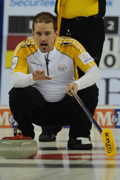 Manitoba skip Reid Carruthers calls off his sweepers. (Photo, Canadian Curling/Michael Burns)