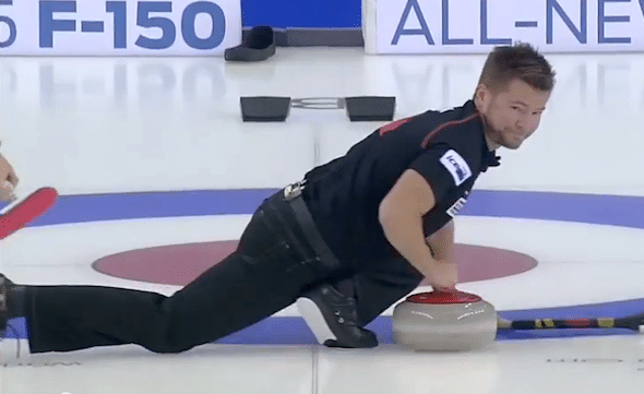 Mike McEwen executes a perfect Spin-o-Rama on Friday at the World Financial Group Continental Cup.
