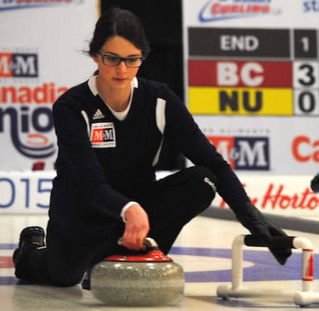 Nova Scotia skip Mary Fay delivers rock in her team's win over Saskatchewan. (Photo, Amanda Rumboldt)