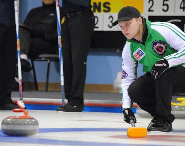 Saskatchewan skip Jacob Hersikorn is headed to the Championship Round at the 2015 M&M Meat Shops Canadian Juniors. (Photo, Amanda Rumboldt)