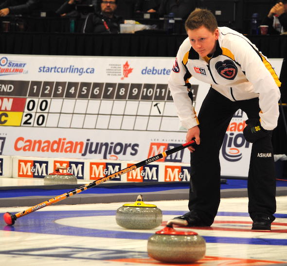 Manitoba skip Braden Calvert picked up his first win of the 2015 M&M Meat Shops Canadian Juniors. (Photo, Amanda Rumboldt)