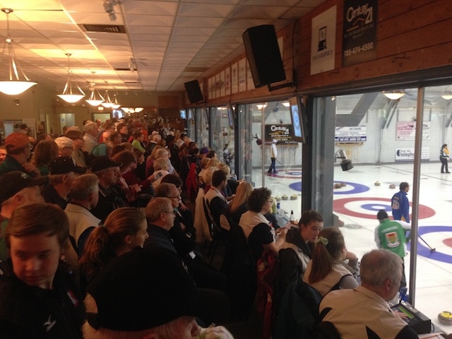 A full house at North Bay Granite watches Draw 12 action at the 2015 Canadian Mixed Curling Championship (Brian Doherty Photography)