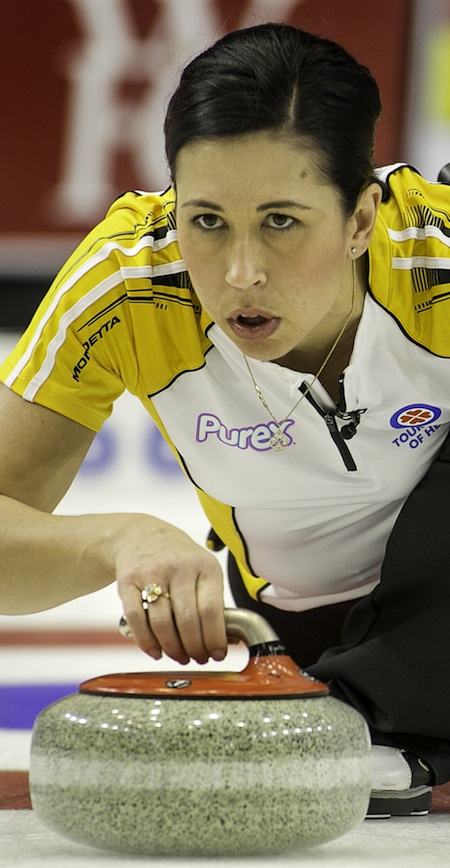 Manitoba second Jill Officer delivers her rock on Sunday against Saskatchewan. (Photo, CCA/Andrew Klaver)