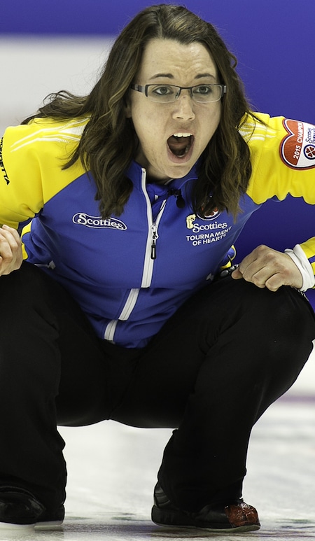 Team Alberta skip Val Sweeting urges her sweepers. (Photo, CCA/Andrew Klaver)