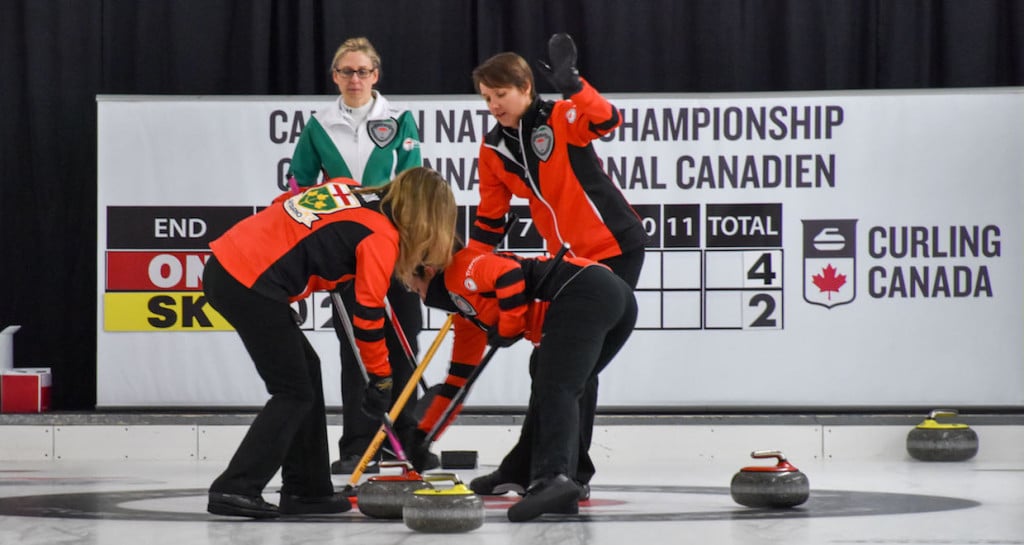 Team Ontario in action at the 2015 Travelers Curling Club Championship in Ottawa (Curling Canada/Claudette Bockstael Photo)