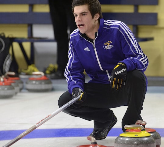Wilfrid Laurier skip Aaron Squires calls the line during Day 1 action at the CIS/CCA University Curling Championships in Waterloo (Photo Adam Gagnon)