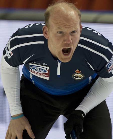 Scottish skip Ewan MacDonald picked up his first win of the Ford Worlds. (Photo, Curling Canada/Michael Burns)