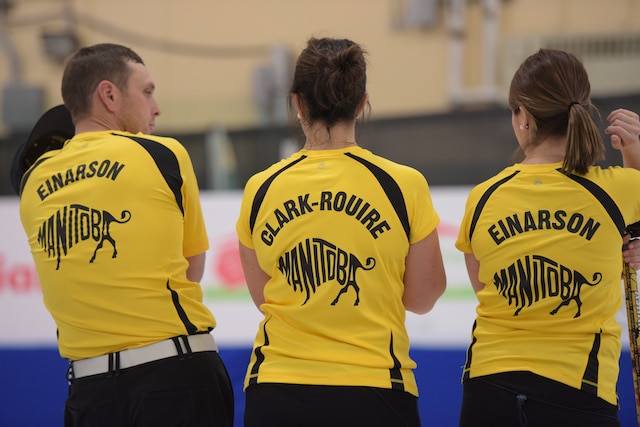 Team Manitoba takes a breather between shots at the 2017 Canadian Mixed Curling Championship in Yarmouth, N.S. (Curling Canada/Clifton Saulnier photo)