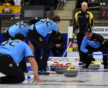 Quebec skip Jean-Sébastien Roy, right, urges on his teammates as New Brunswick skip Grant Odishaw looks on. 