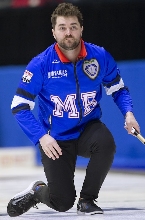 Matt Dunstone watches his shot during Thursday's game at the Montana's Brier. (Photo, Curling Canada/Michael Burns)