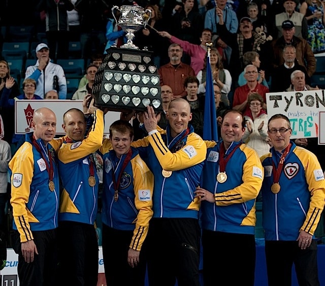 Kamloops B.C.Mar9_2014.Tim Hortons Brier.Alberta skip Kevin Koe,third Pat Simmons,second Carter Rycroft,lead Nolan Thiessen.Jamie King.Coach John Dunn.CCA/michael burns photo