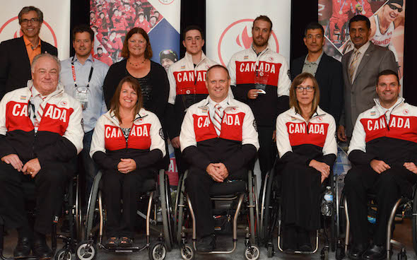 Canada's Paralympic wheelchair curling team, from left, Jim Armstrong, Ina Forrest, Dennis Thiessen, Sonja Gaudet and Mark Ideson, are joined by fellow winners at the 214 Canadian Paralympic 2014 Sport Awards. (Photo: Charles Gordon/Canadian Paralympic Committee)