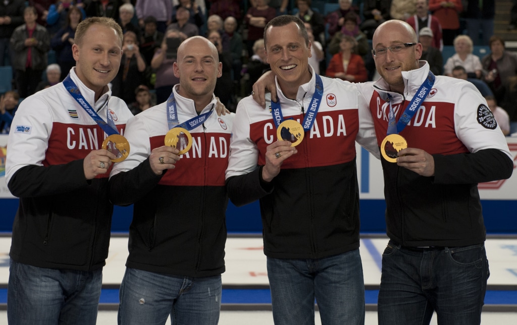 Kamloops B.C.Mar8_2014.Tim Hortons Brier.Team Jacobs,skip Brad Jacobs,third Ryan Fry,second E.J.Harnden,lead Ryan Harnden.CCA/michael burns photo