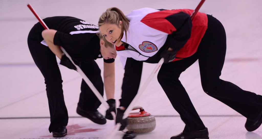 Ontario's Trish Hill and Jessica Barcauskas in action at the 2015 Canadian Mixed Curling Championship in North Bay, Ont. (CCA Photo)