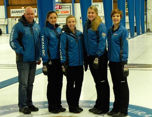 Junior Women’s Event Finalists Team Daniels (Sarah Daniels, Dezaray Hawes, Cierra Fisher and Sydney Hofer with coach Ernie Daniels) are headed to Prince George in February to represent British Columbia at the 2015 Canada Winter Games along with Team Tardi, the Junior Men’s winners (Photo Mosure)