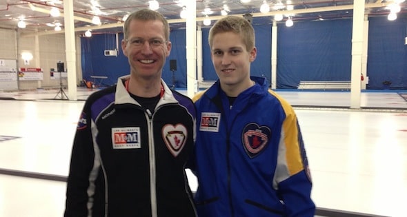 At the 2013 M&M Meat Shops Canadian Junior Curling Championships, Wade Scoffin coached Team Yukon, while son Thomas skipped Team Alberta (CCA Photo)