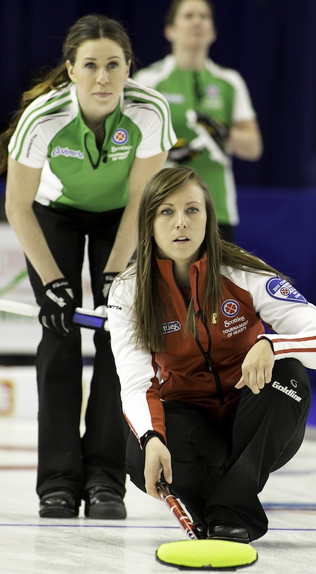 Team Canada skip Rachel Homan watches her shot, as Saskatchewan second Stephanie Schmidt looks on. (Photo, ACC / Andrew Klaver)