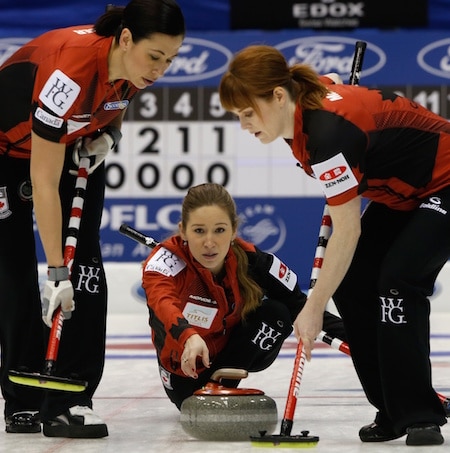 Team Canada vice-skip Kaitlyn Lawes delivers her rock to sweepers Jill Officer, left, and Dawn McEwen. (Photo, WCF/Richard Gray)