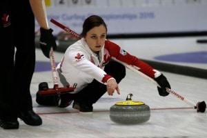 Kelsey Rocque delivers a rock during the morning game versus Russia (Photo WCF/Richard Gray)
