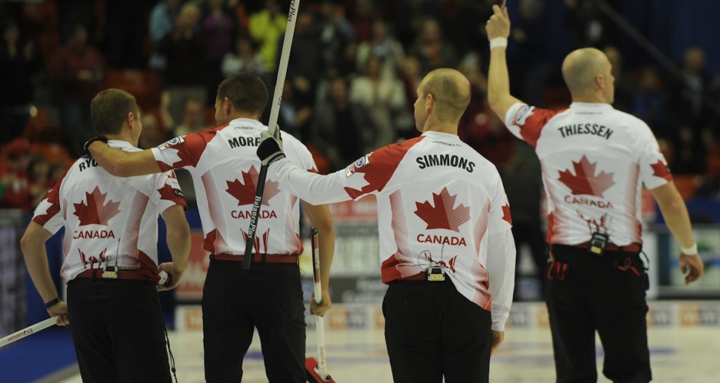 2015, Halifax N.S. Ford Men's World Curling Championship, Canada skip Pat Simmons, third john Morris, lead Nolan Thiessen, second Carter Rycroft, Curling Canada/michael burns photo