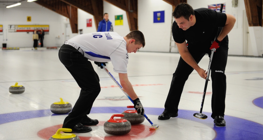 Tyler Tardi (BC) and Wayne Tuck (ON) in action at the 2015 Mixed Doubles Curling Trials (Photo Claudette Claudette Bockstael)