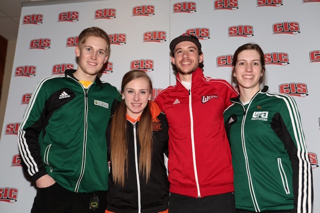 Youth Olympians Thomas Scoffin, Corryn Brown, Derek Oryniak and Emily Gray meet again at the 2015 CIS-Curling Canada University Curling Championships in Waterloo, Ont. (Photo Jamie Allen)