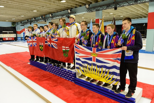 The medallists in the Men’s Curling event at the 2015 Canada Winter Games: Manitoba (gold), Ontario (silver) and British Columbia (bronze). (Photo CWB/Bob Steventon)