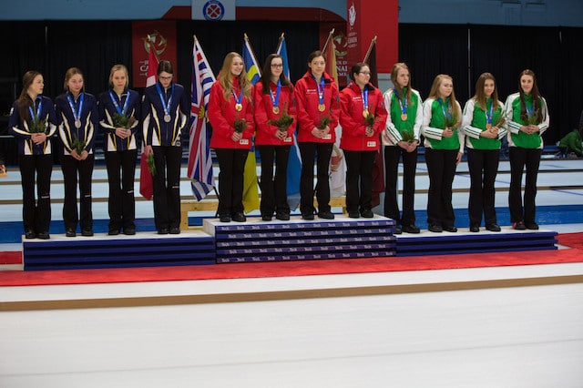 The medallists in the Women’s Curling event at the 2015 Canada Winter Games: Ontario (gold), Nova Scotia (silver) and Saskatchewan (bronze). (Photo CWG/Chris Leboe)