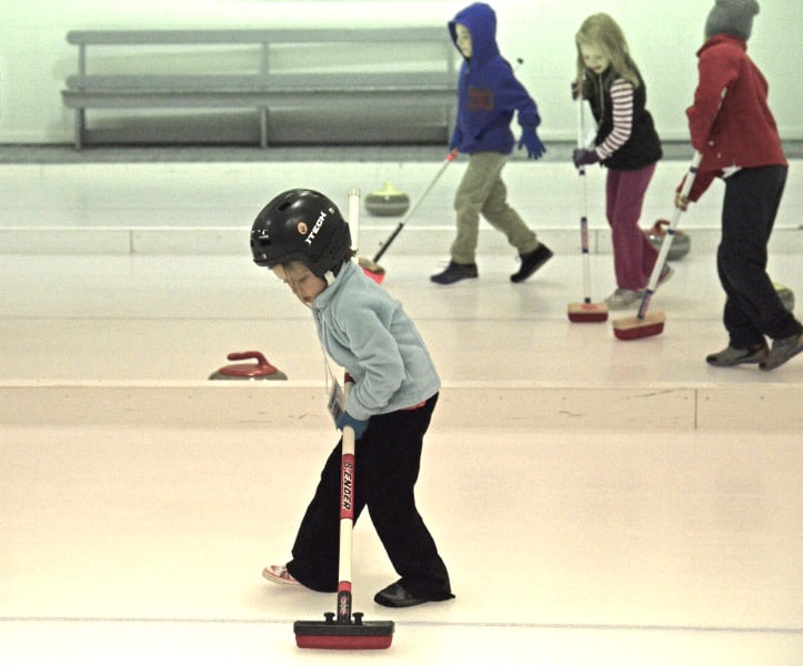The youngest curlers work on their sweeping technique in Elmwood Curling Club’s youth program (Photo courtesy B. Quesnel)