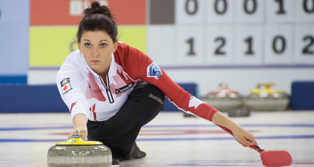 Kalynn Park delivers her stone during action at the 2015 World Mixed Doubles Curling Championship in Sochi, Russia (WCF/Alina Pavlyuchick Photo)