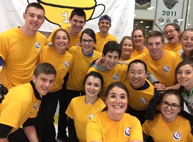 The Gold Team, including Canada’s Youth Olympics foursome, celebrates winning the Cheer Off at Whitecap Curling Camp in Cornwall, P.E.I. (Photo courtesy Karlee Burgess)