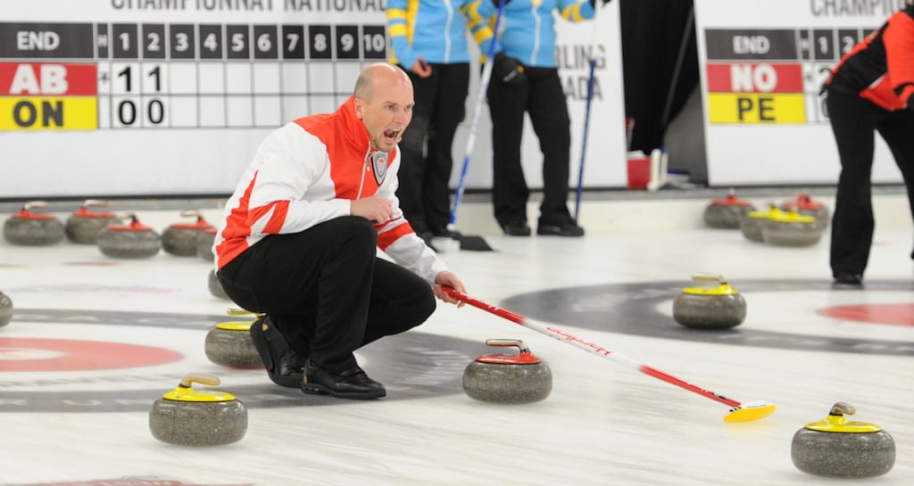 Newfoundland and Labrador skip Andrew Symonds calls to his sweepers during semifinal action at the Travelers Curling Club Championship in Ottawa (Curling Canada/Claudette Bockstael Photo)