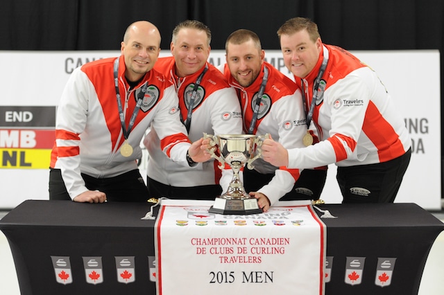 2015 Travelers Curling Club Championship Men’s champions, Team Newfoundland and Labrador: skip Andrew Symonds, third Mark Healy, second Cory Ewart, lead Keith Jewer of the Re/Max Centre St. John’s Curling Club in St. Johns, N.L. (Curling Canada/Claudette Bockstael Photo)