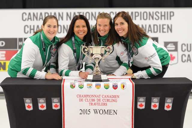 2015 Travelers Curling Club Championship Women’s champions, Team Prince Edward Island: skip Lisa Jackson, third Carolyn Coulson, second Melissa Morrow, lead Jodi Murphy of the Cornwall Curling Club in Cornwall, P.E.I. (Curling Canada/Claudette Bockstael Photo)