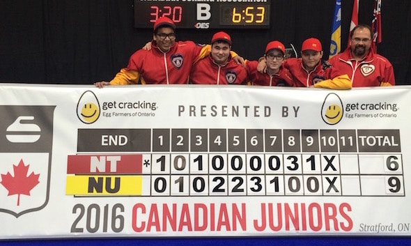 Team Nunavut, after its first win, from left, Arthur Siksik, Tyson Komaksiutiksak, Javen Komaksiutiksak, Ryan Aggark and coach Sean Turriff. (Photo, Curling Canada)