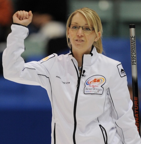 Prince George B.C.Nov13_09.Canadian Curling Pre Trials.Thunder Bay skip Krista McCarville captures the woman's B final 6-3 over Kelowna's Kelly Scott.McCarville advances to the Tim Hortons Canadian Curling trials in Edmonton in December. michael burns photo
