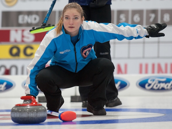 Quebec skip Laurie St-George calls off her sweepers during Wednesday's win over B.C. (Photo, Curling Canada/Bob Wilson)
