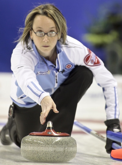 Team Quebec, skip Marie-France Larouche during draw fifteen at The 2012 Scotties Tournament of Hearts, February 18-26, Red Deer, Alberta. The Canadian Womans Curling Championship.