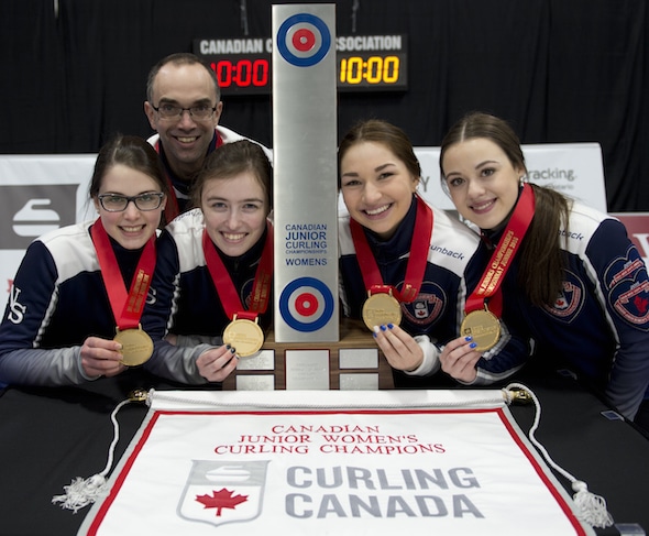Canadian champs! From left, Mary Fay, Andrew Atherton (coach), Kristin Clarke, Karlee Burgess and Janique LeBlanc. (Photo, Curling Canada/Michael Burns)