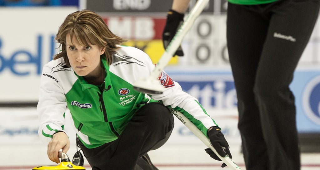 Saaskatchewan skip Stefanie Lawton in the bronze medal game at the 2014 Scotties Tournament of Hearts, the Canadian Womens Curling Championships, Montreal Quebec