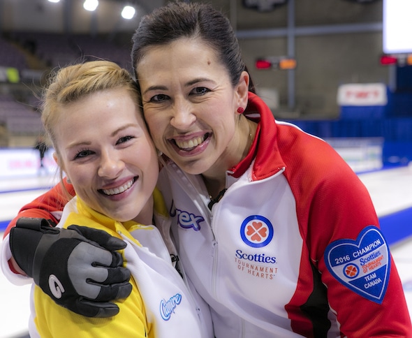 Aunt Jill Officer Team Canada and Neice Kristin MacCuish of Team Manitoba at the 2016 Scotties Tournament of Hearts, the Canadian Womens Curling Championships, Grande Praire, Alberta