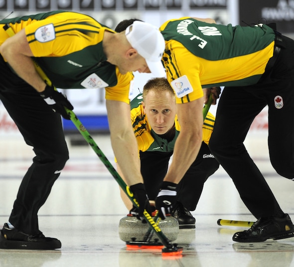 Brad Jacobs and his teammates Ryan Harnden, left, E.J. Harnden, right, and Ryan Fry (not pictured) are taking aim at another Northern Ontario championship this weekend. (Photo, Curling Canada/Michael Burns)