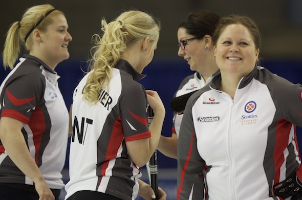 Kerry Galusha, right, and her Territories teammates, from left, Shona Barbour, Megan Cormier and Danielle Derry, are 2-0 in pre-qualifying at the 2016 Scotties. (Photo, Curling Canada/Andrew Klaver)