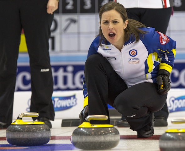 B.C. skip Karla Thompson calls instructions to her sweepers during her team's crucial win over the Territories on Friday. (Photo, Curling Canada/Andrew Klaver)