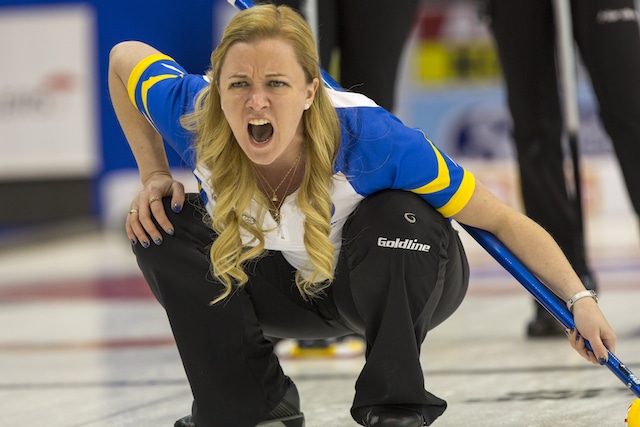 Team Alberta skip Chelsea Carey in draw six action at the 2016 Scotties Tournament of Hearts, the Canadian Womens Curling Championships, Grande Praire, Alberta