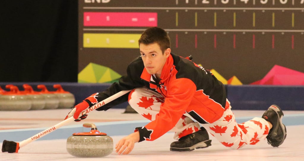 Tyler Tardi in action during the Mixed Doubles event of the Youth Olympic Games in Lillehammer, Norway (WCF/Richard Gray photo)