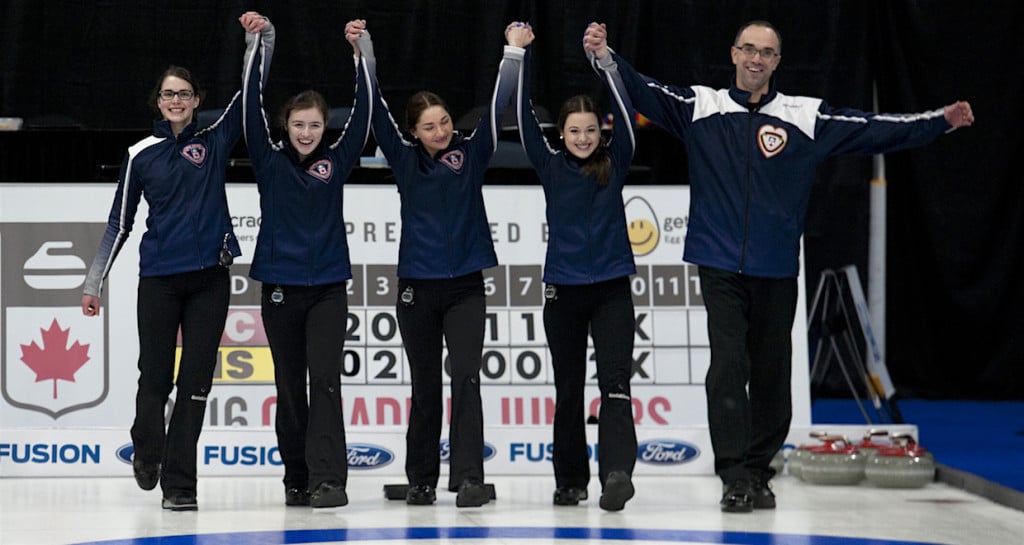 Stratford Ont.Jan 31 2016.Canadian Junior Curling Championship.Nova Scotia skip Mary Fay,,third Kristin Clarke, second Karlee Burgess, lead Janique LeBlanc, coach Andrew Atherton, Curling Canada/ michael burns photo