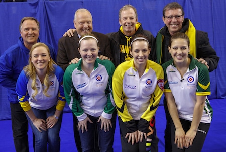 The 2016 Scotties Tournament of Hearts second all-star team and their Brier champion dads. From left, front, skip Chelsea Carey, third Ashley Howard, second Liz Fyfe and lead Sarah Potts. Back, Dan Carey, Russ Howard, Vic Peters and Rick Lang. (Photo, Curling Canada/Andrew Klaver)