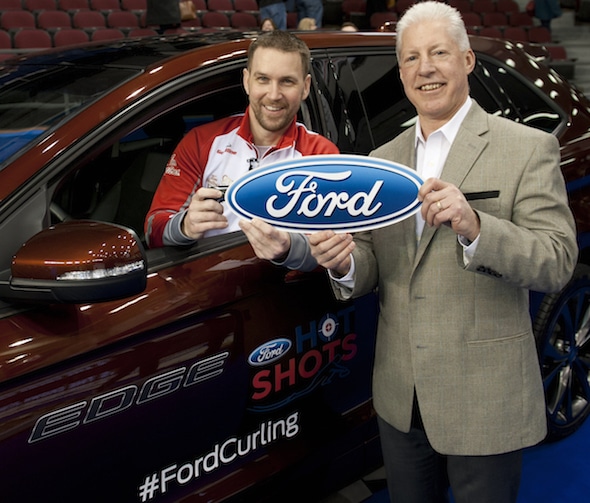 Brad Gushue, winner of the 2016 Ford Hot Shots competition, with Mike Herniak, General Manager-Eastern Area for Ford of Canada. (Photo, Curling Canada/Michael Burns)